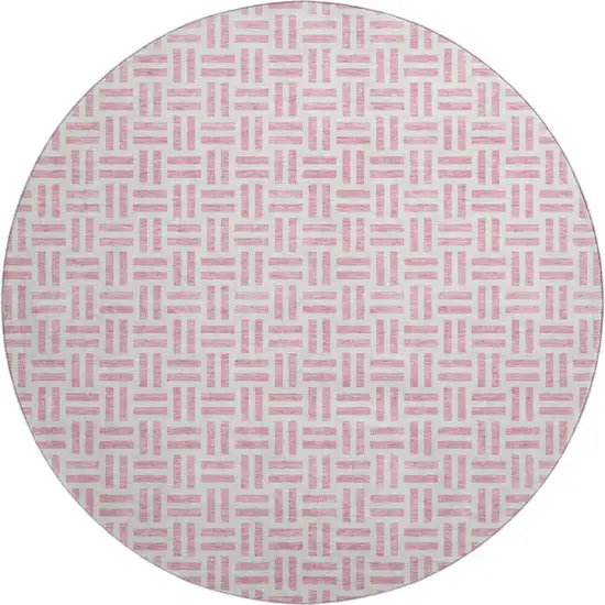 8' Pink And Ivory Geometric Washable Round Rug With UV Protection Photo 1