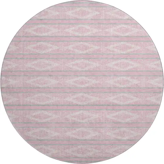 8' Pink And Ivory Geometric Washable Round Rug With UV Protection Photo 1