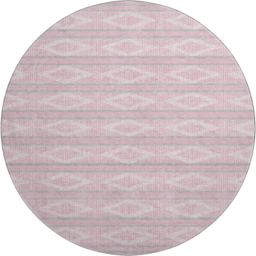 8' Pink And Ivory Geometric Washable Round Rug With UV Protection Photo 1