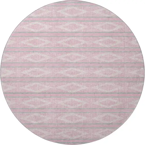 8' Pink And Ivory Geometric Washable Round Rug With UV Protection Photo 2