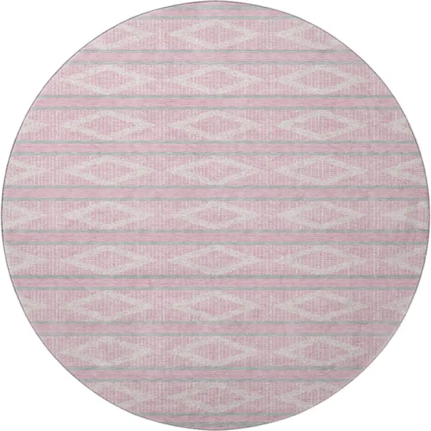 8' Pink And Ivory Geometric Washable Round Rug With UV Protection Photo 2