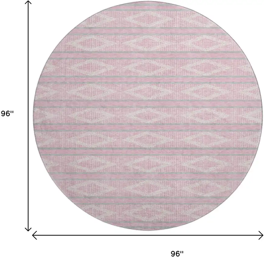 8' Pink And Ivory Geometric Washable Round Rug With UV Protection Photo 9