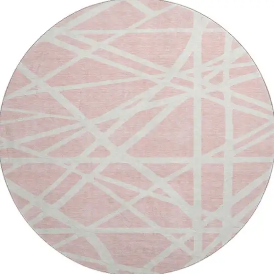 8' Pink And Ivory Geometric Washable Round Rug With UV Protection Photo 2