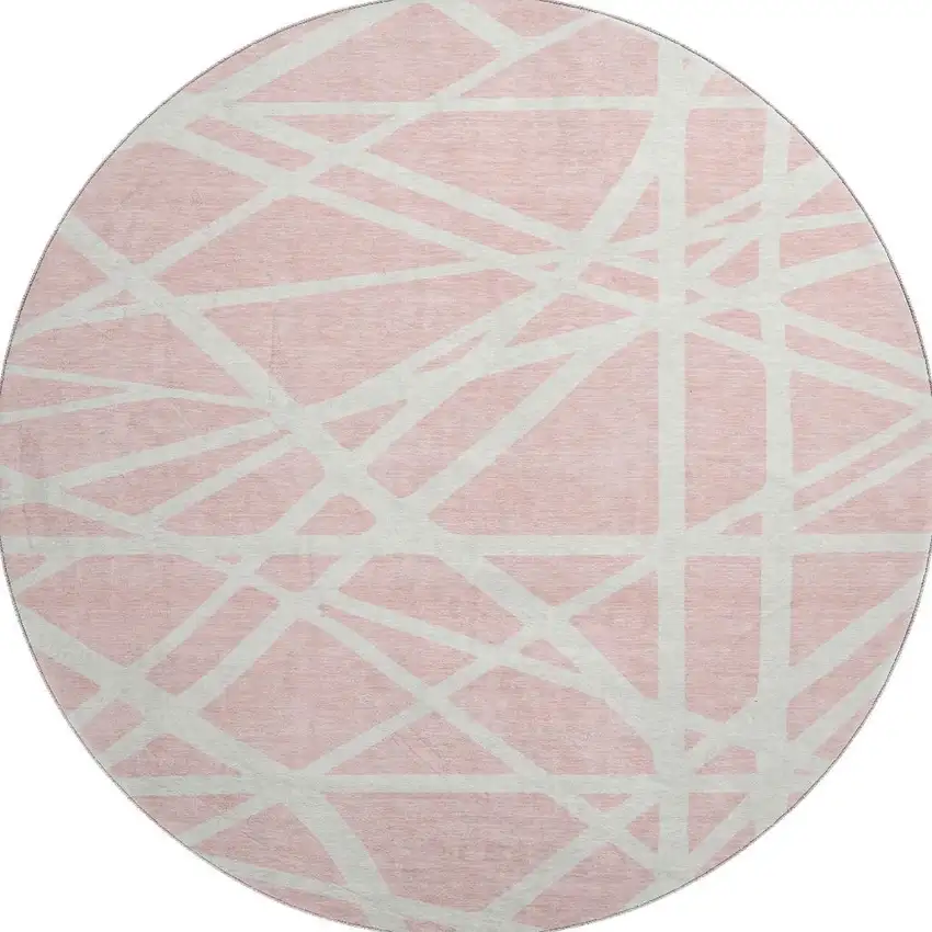 8' Pink And Ivory Geometric Washable Round Rug With UV Protection Photo 2