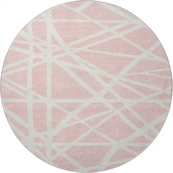 8' Pink And Ivory Geometric Washable Round Rug With UV Protection Photo 3