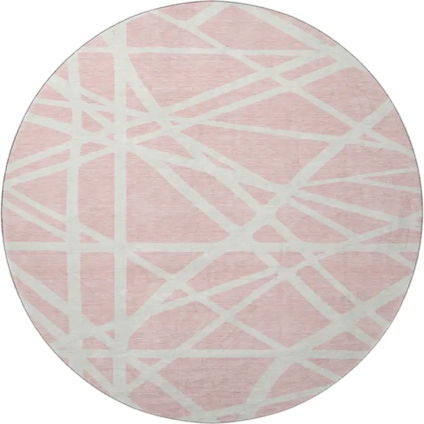 8' Pink And Ivory Geometric Washable Round Rug With UV Protection Photo 3