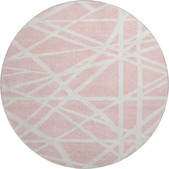8' Pink And Ivory Geometric Washable Round Rug With UV Protection Photo 1