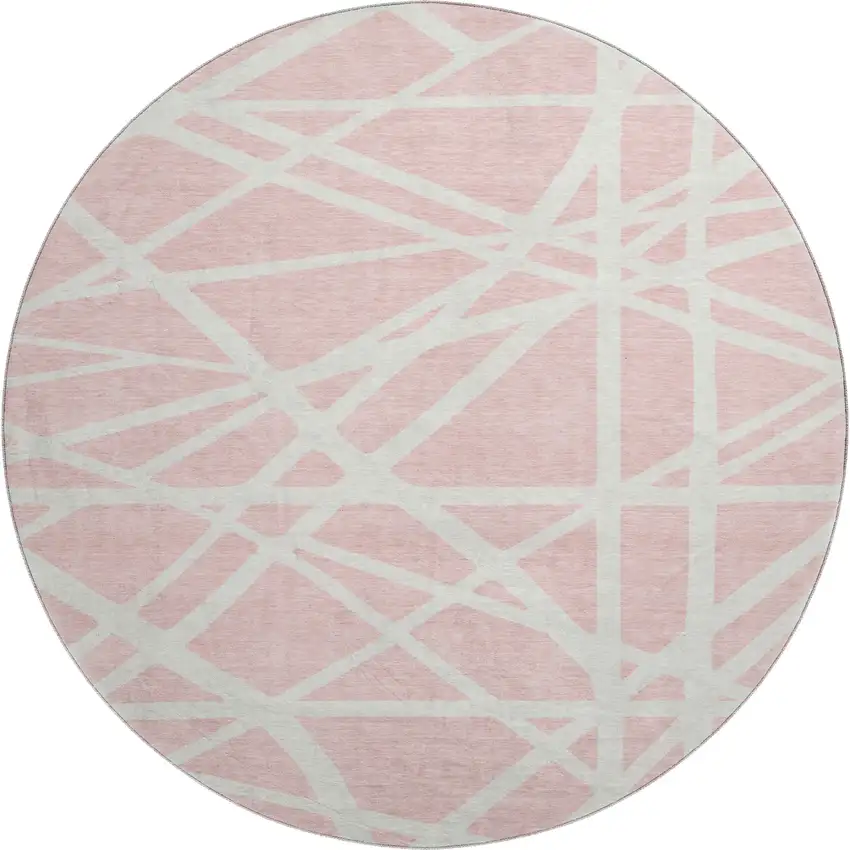 8' Pink And Ivory Geometric Washable Round Rug With UV Protection Photo 1