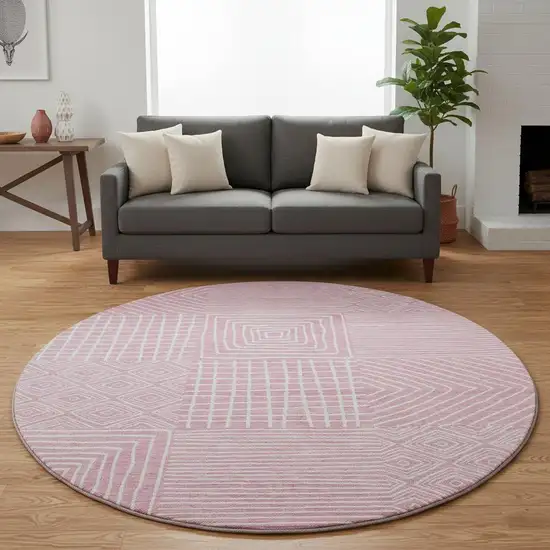 8' Pink And Ivory Geometric Washable Round Rug With UV Protection Photo 2