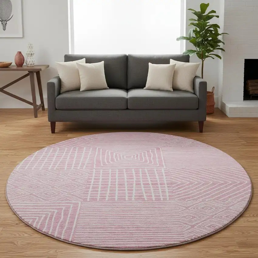 8' Pink And Ivory Geometric Washable Round Rug With UV Protection Photo 2