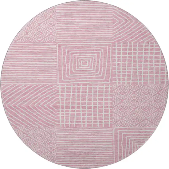8' Pink And Ivory Geometric Washable Round Rug With UV Protection Photo 3