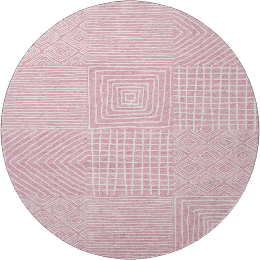 8' Pink And Ivory Geometric Washable Round Rug With UV Protection Photo 3