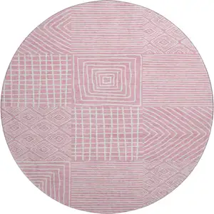 Photo of 8' Pink And Ivory Geometric Washable Round Rug With UV Protection