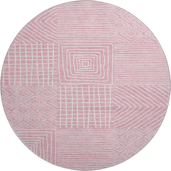 8' Pink And Ivory Geometric Washable Round Rug With UV Protection Photo 1