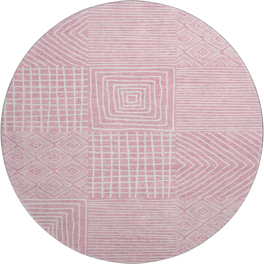 8' Pink And Ivory Geometric Washable Round Rug With UV Protection Photo 1