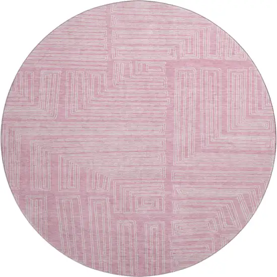 8' Pink And Ivory Geometric Washable Round Rug With UV Protection Photo 1