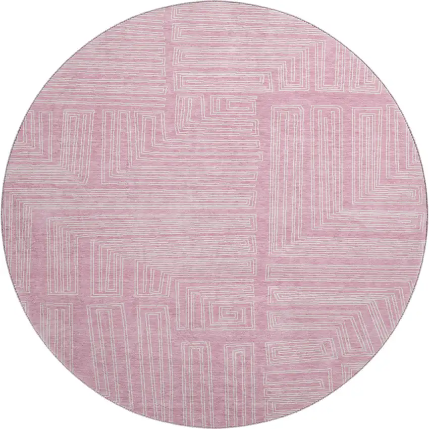 8' Pink And Ivory Geometric Washable Round Rug With UV Protection Photo 1