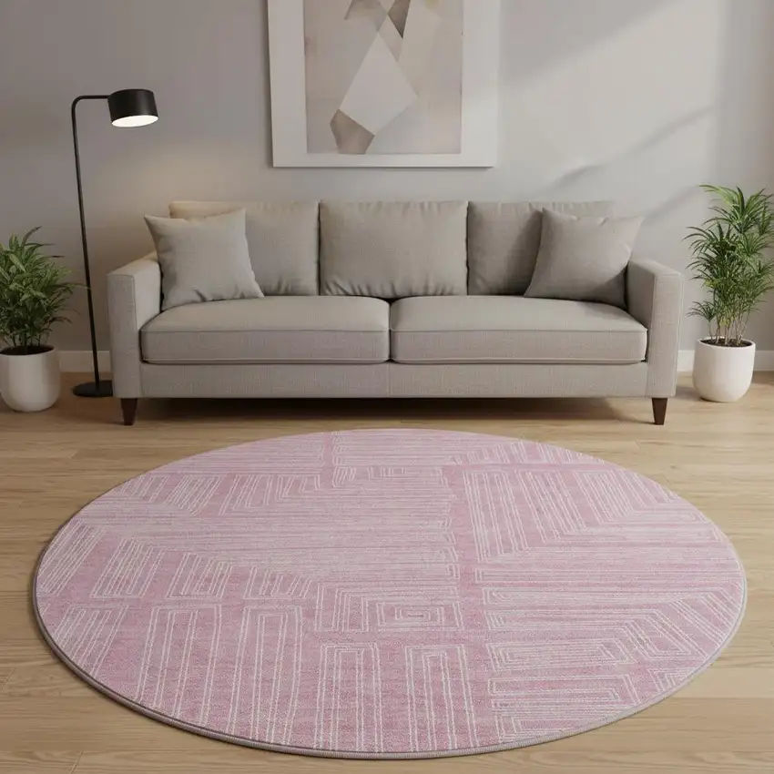 8' Pink And Ivory Geometric Washable Round Rug With UV Protection Photo 2