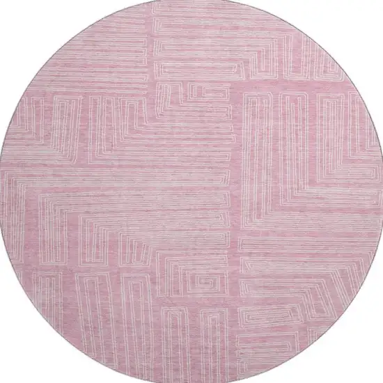 8' Pink And Ivory Geometric Washable Round Rug With UV Protection Photo 3