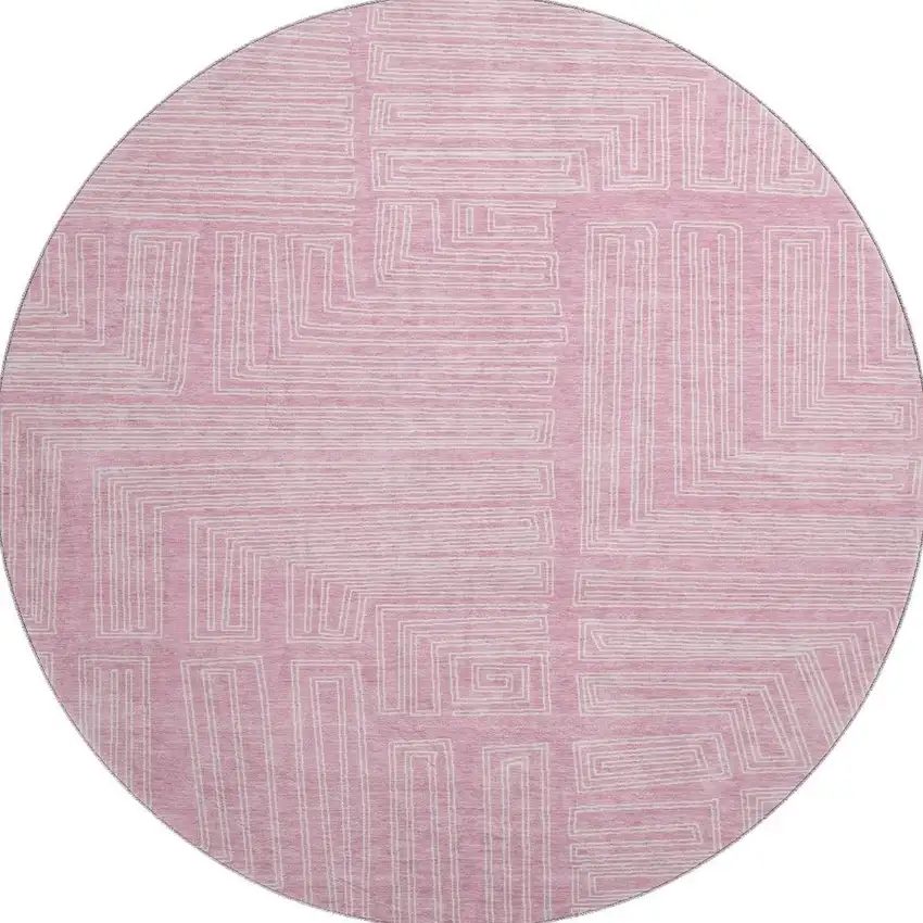 8' Pink And Ivory Geometric Washable Round Rug With UV Protection Photo 3