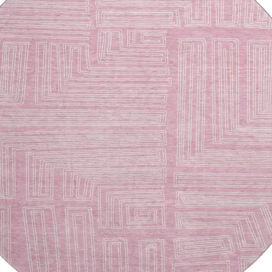 8' Pink And Ivory Geometric Washable Round Rug With UV Protection Photo 2