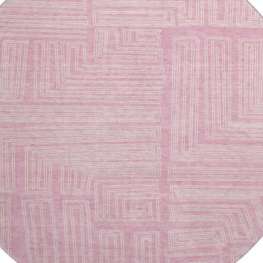 8' Pink And Ivory Geometric Washable Round Rug With UV Protection Photo 2