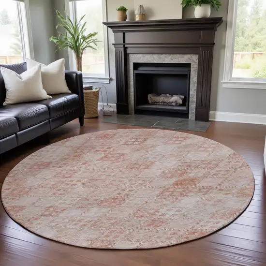 8' Pink And Ivory Geometric Washable Round Rug With UV Protection Photo 4