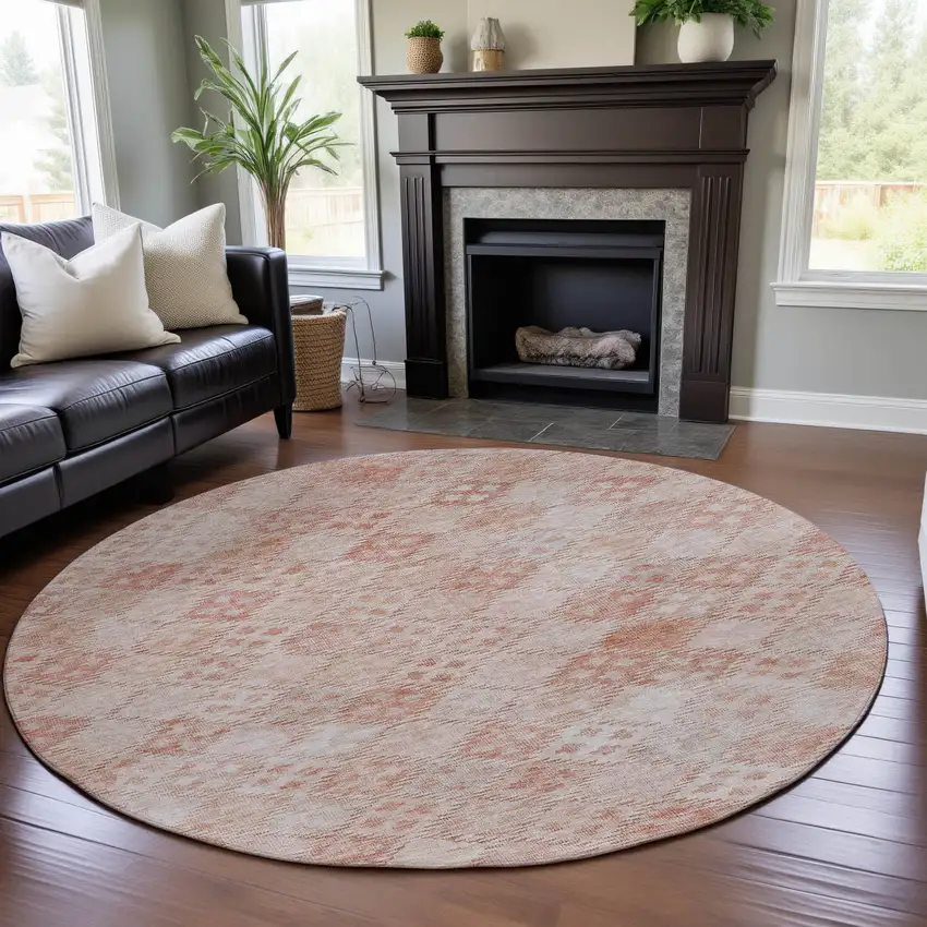 8' Pink And Ivory Geometric Washable Round Rug With UV Protection Photo 4