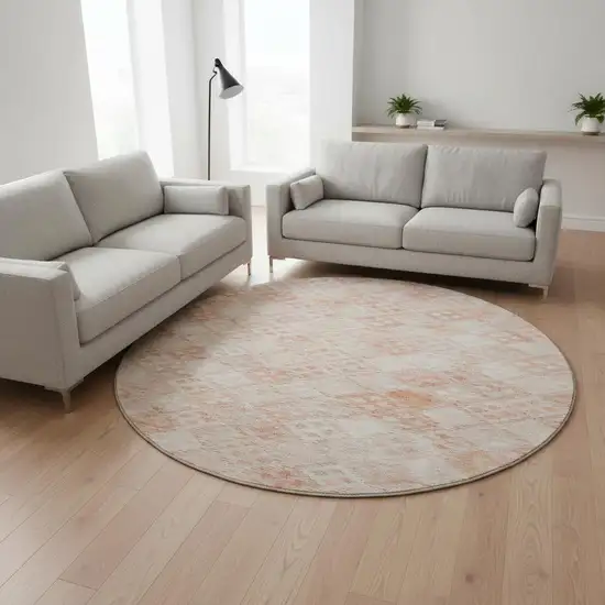 8' Pink And Ivory Geometric Washable Round Rug With UV Protection Photo 2