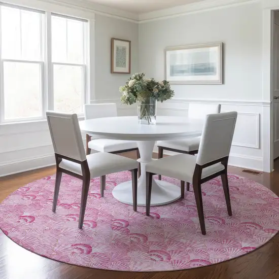 8' Pink And Ivory Geometric Washable Round Rug With UV Protection Photo 5