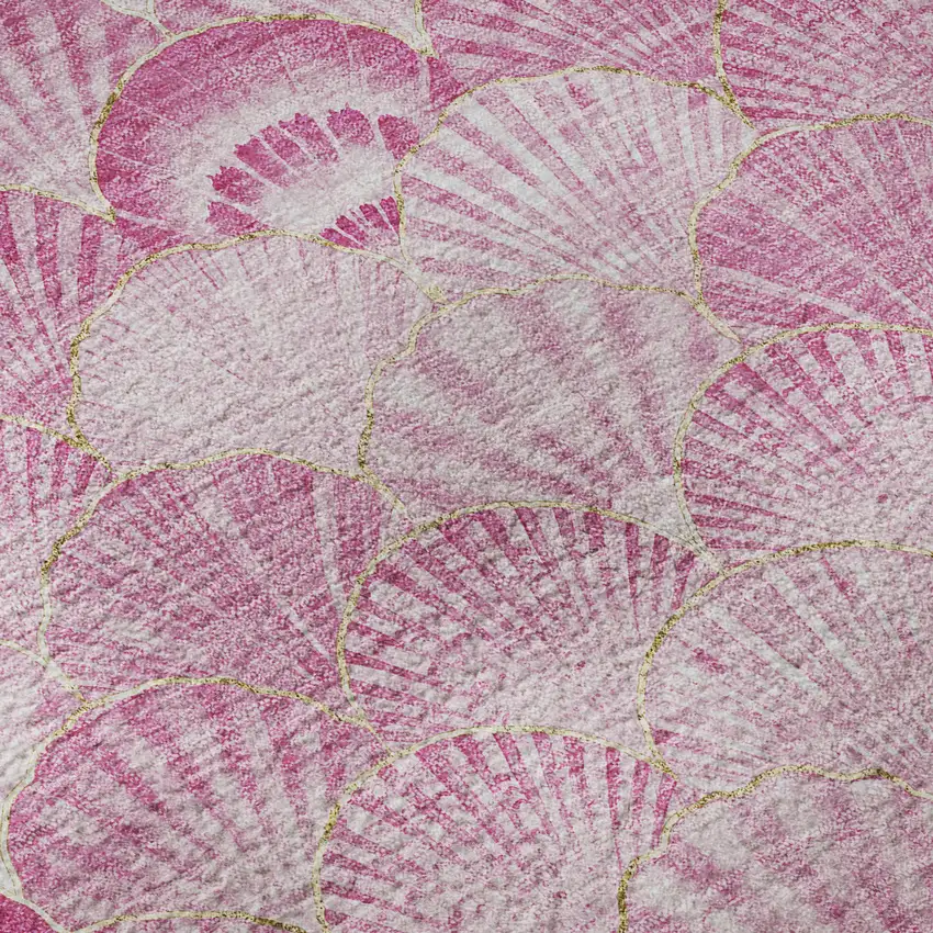 8' Pink And Ivory Geometric Washable Round Rug With UV Protection Photo 9