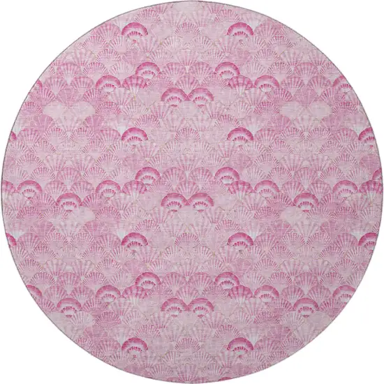 8' Pink And Ivory Geometric Washable Round Rug With UV Protection Photo 4
