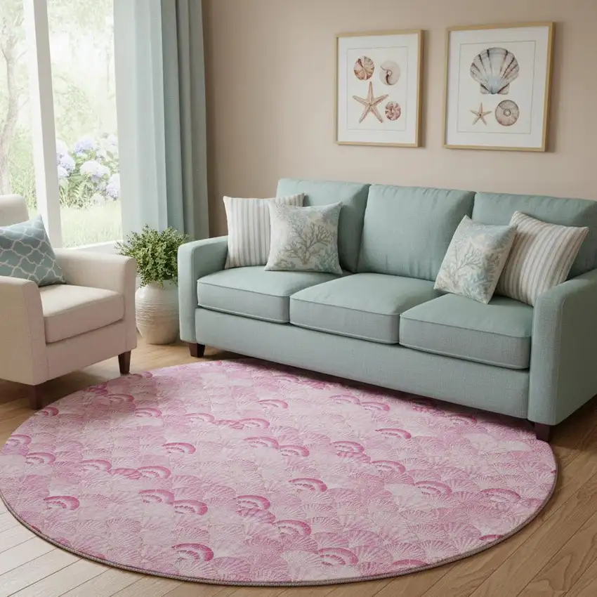 8' Pink And Ivory Geometric Washable Round Rug With UV Protection Photo 1