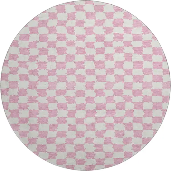 8' Pink And Ivory Geometric Washable Round Rug With UV Protection Photo 1