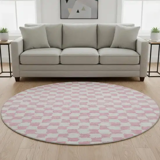8' Pink And Ivory Geometric Washable Round Rug With UV Protection Photo 2