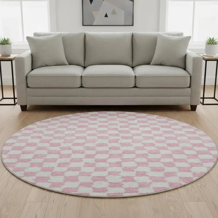 8' Pink And Ivory Geometric Washable Round Rug With UV Protection Photo 2