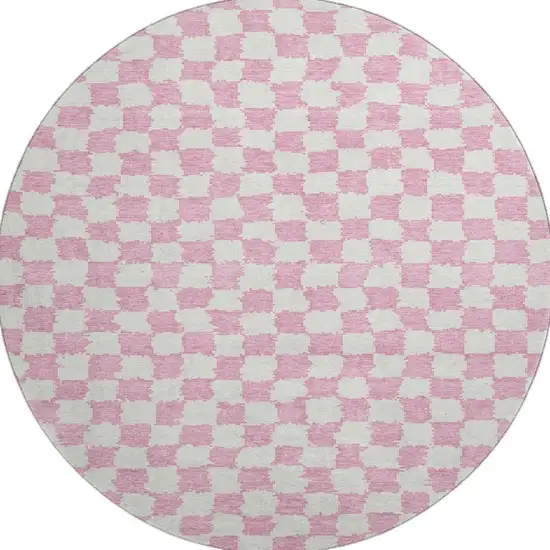 8' Pink And Ivory Geometric Washable Round Rug With UV Protection Photo 4