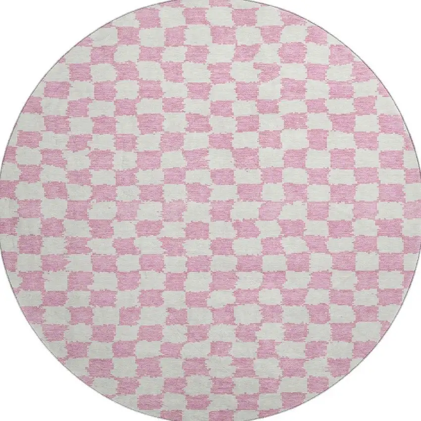 8' Pink And Ivory Geometric Washable Round Rug With UV Protection Photo 4