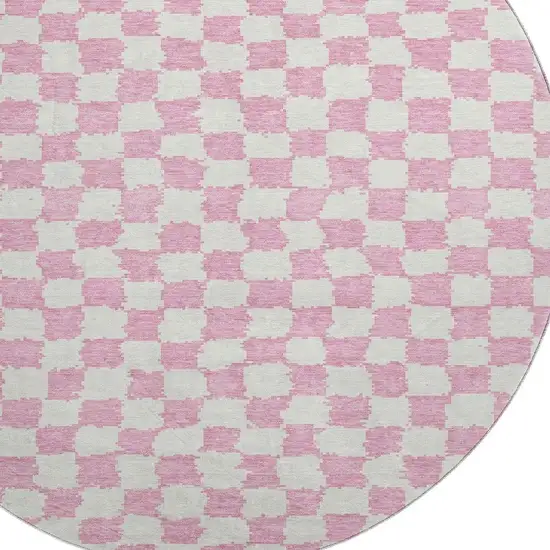 8' Pink And Ivory Geometric Washable Round Rug With UV Protection Photo 3