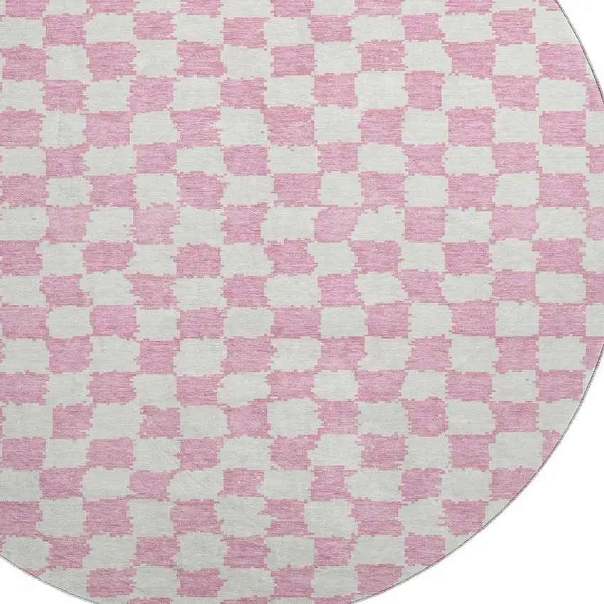 8' Pink And Ivory Geometric Washable Round Rug With UV Protection Photo 3