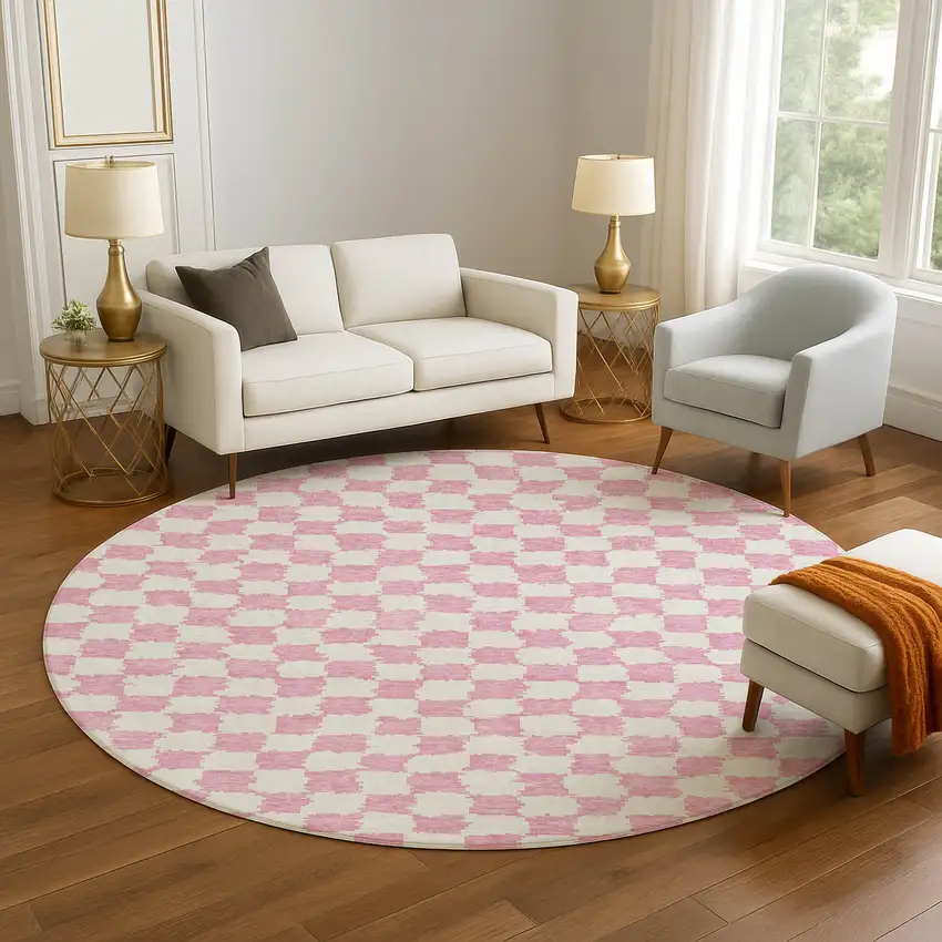 8' Pink And Ivory Geometric Washable Round Rug With UV Protection Photo 5
