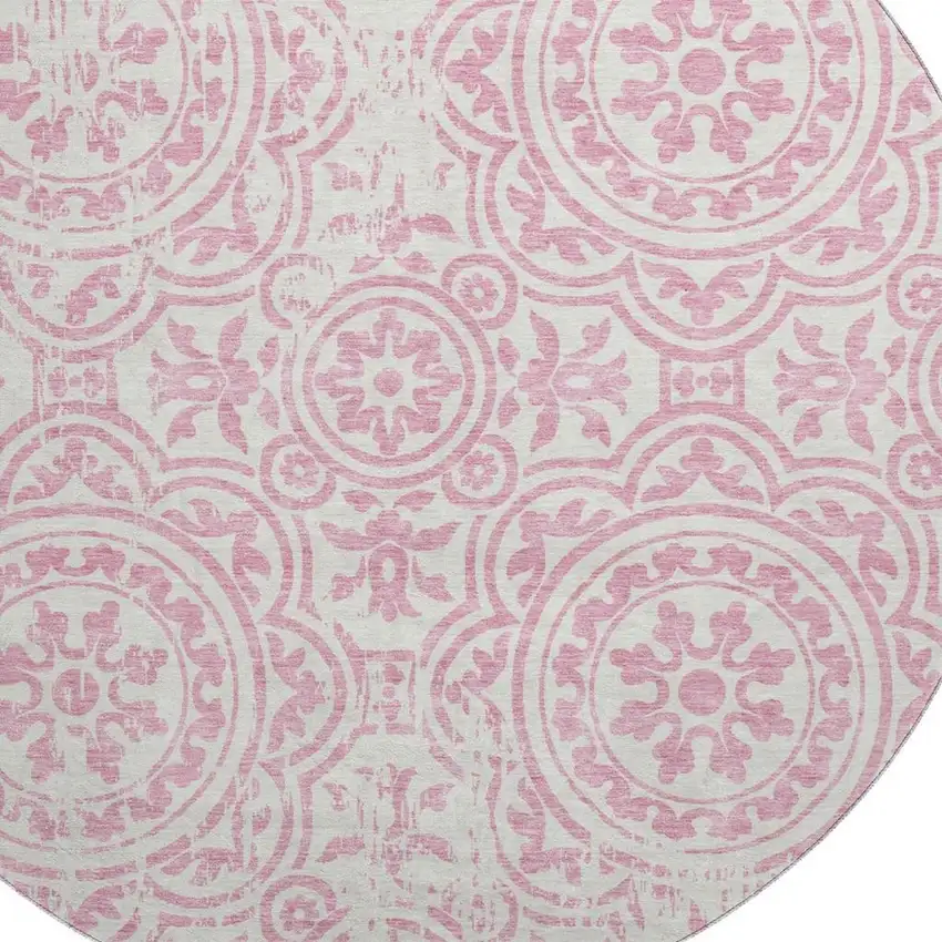 8' Pink And Ivory Medallion Washable Round Rug With UV Protection Photo 3