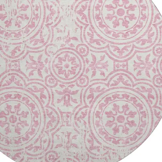 8' Pink And Ivory Medallion Washable Round Rug With UV Protection Photo 3