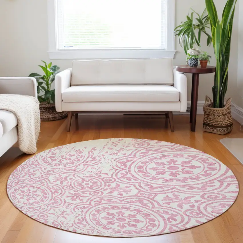 8' Pink And Ivory Medallion Washable Round Rug With UV Protection Photo 5