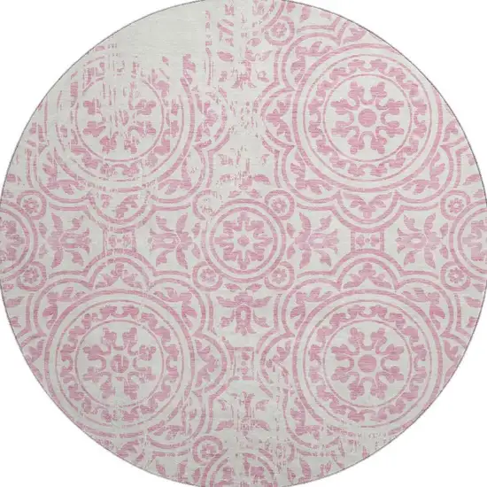 8' Pink And Ivory Medallion Washable Round Rug With UV Protection Photo 4