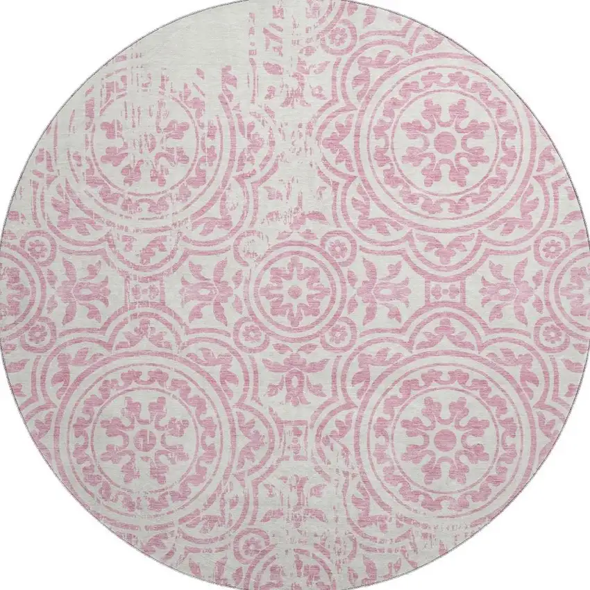 8' Pink And Ivory Medallion Washable Round Rug With UV Protection Photo 4