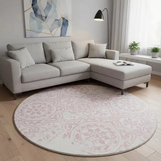 8' Pink And Ivory Medallion Washable Round Rug With UV Protection Photo 2