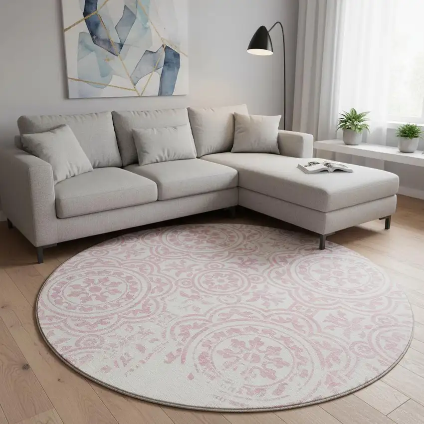 8' Pink And Ivory Medallion Washable Round Rug With UV Protection Photo 2