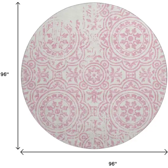 8' Pink And Ivory Medallion Washable Round Rug With UV Protection Photo 3