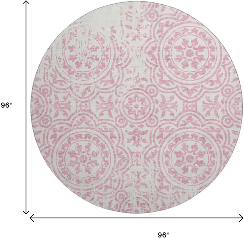 8' Pink And Ivory Medallion Washable Round Rug With UV Protection Photo 3